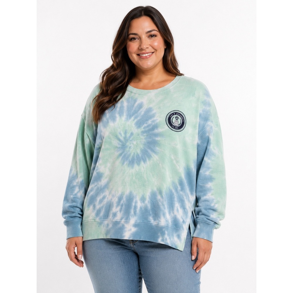 Love & Pineapples Womens Tie Dye Crewneck Sweatshirt Blue Green Pullover Graphic